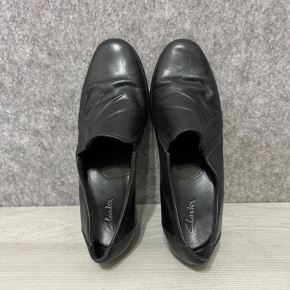 Clarks‎ Partridge Women's Size 8 Black Leather Pleated Slip On Block Heel Shoes